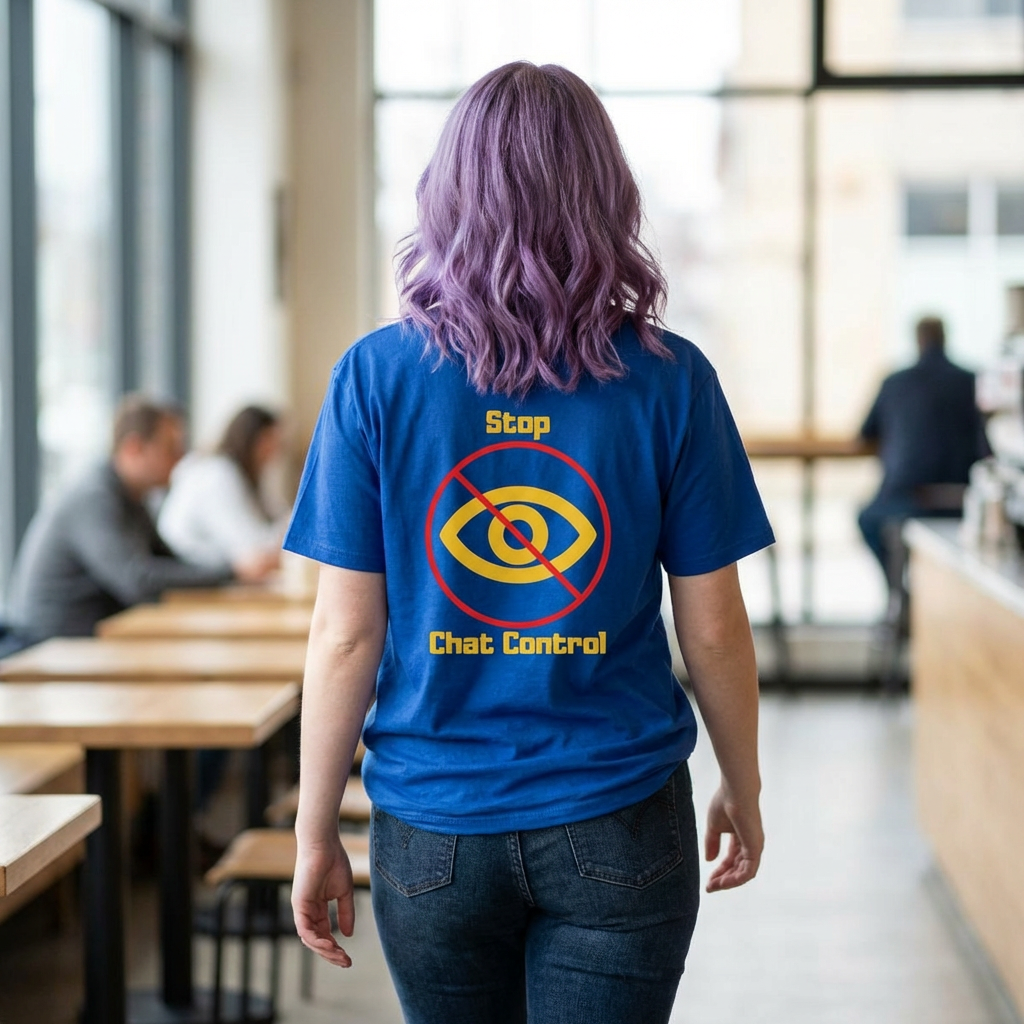 Stop Chat Control, backside graphic T-Shirt